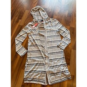 Wantable Striped Hooded Cardigan Women‎ M Grey White NEW Duster Open Front